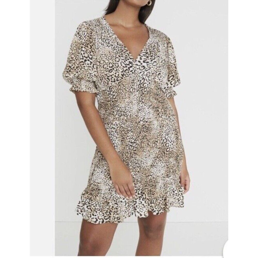 Faithfull The Brand Dress Womens Size 4 Animal Print V-Neck Fit And Flare
